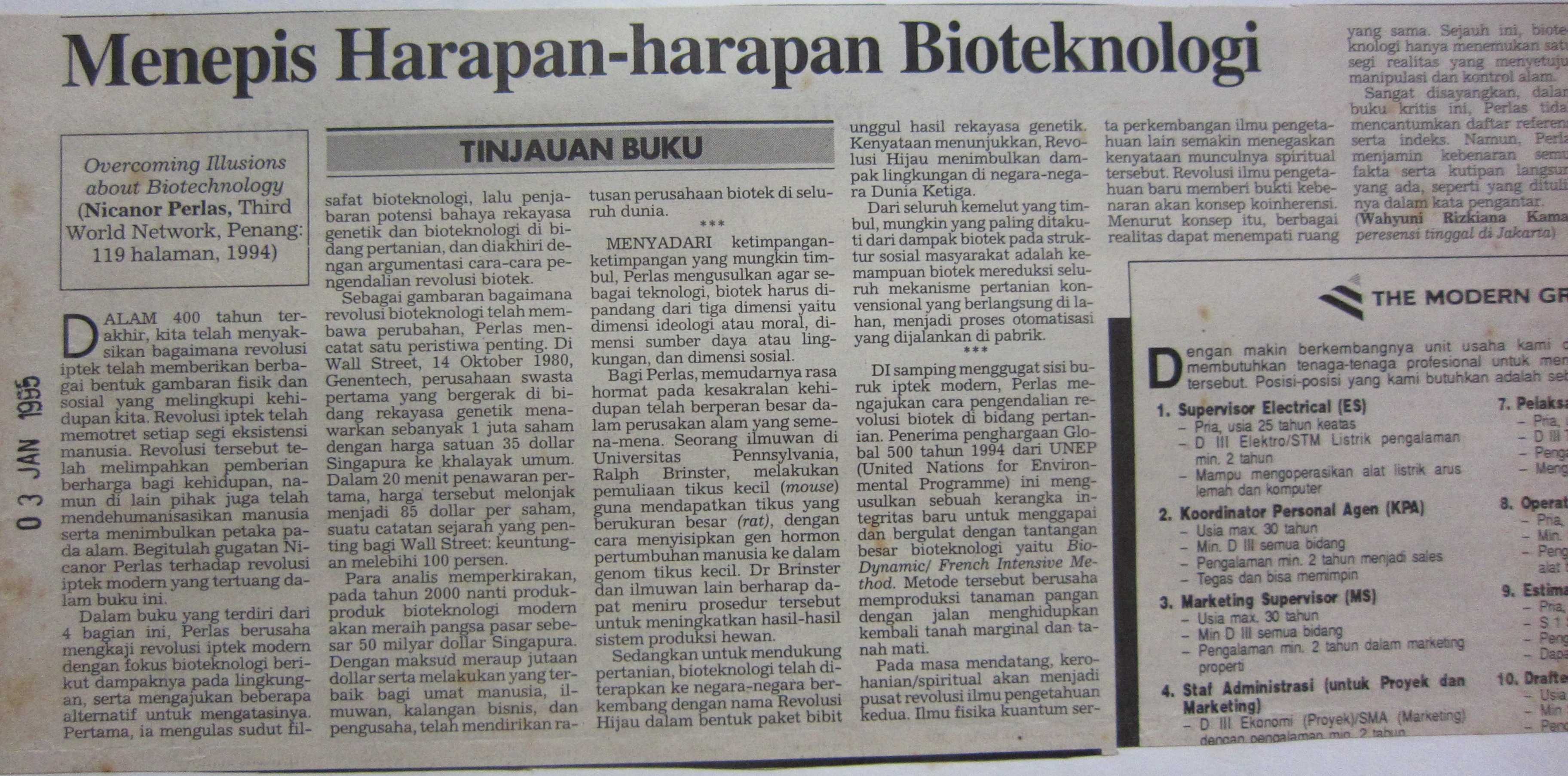 1995 Jan 3, KompasMenepis Harapan harapan Bioteknologi